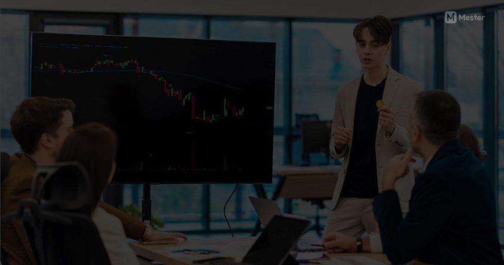 Apresentação corporativa com gráfico financeiro exibido em uma tela, demonstrando análises do mercado de futuros em uma reunião interativa.